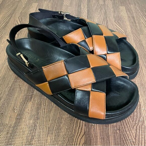 ALOHAS Marshmallow Scacchi Leather Crossover Sandals‎ Black Brown 42 11 11.5 - Picture 2 of 8